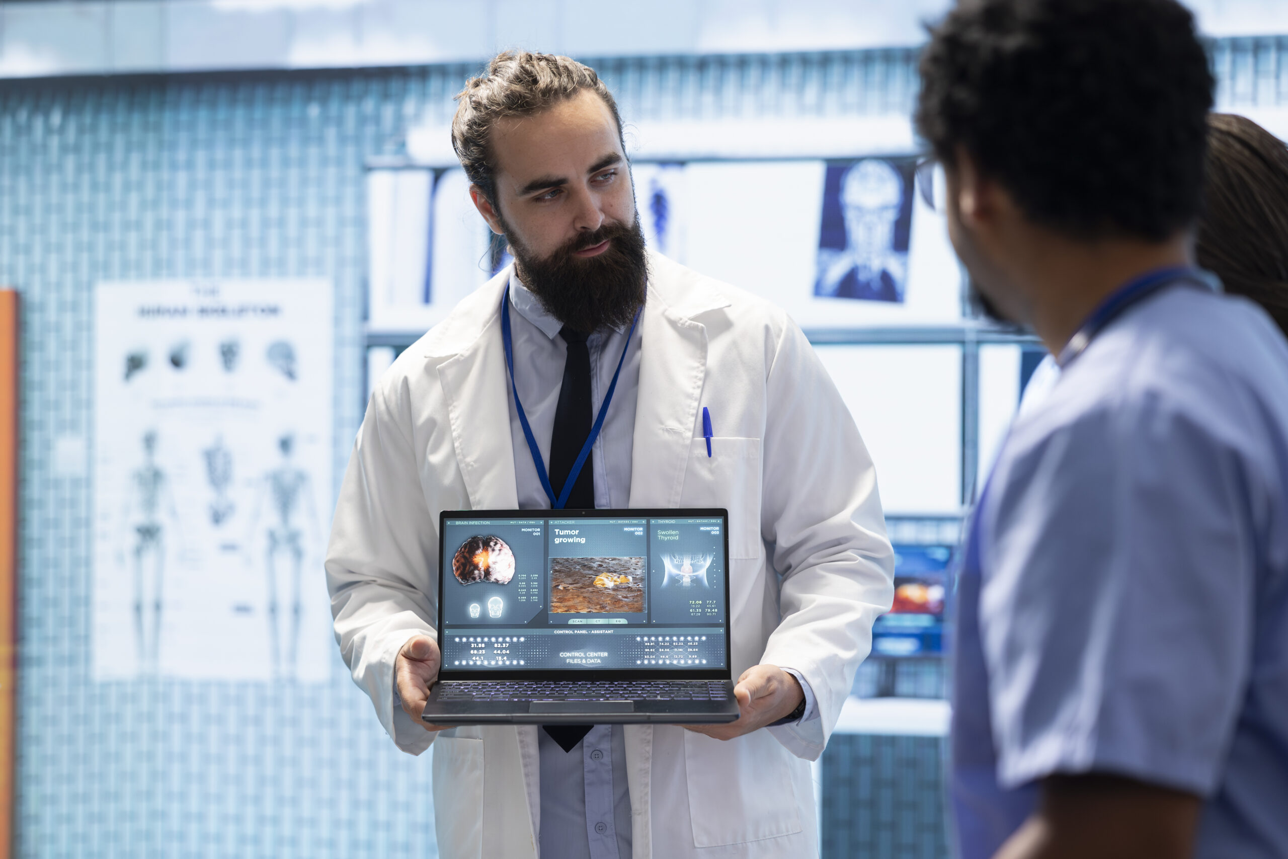 Professional medic analyzing mri brain scan with his staff in medical office